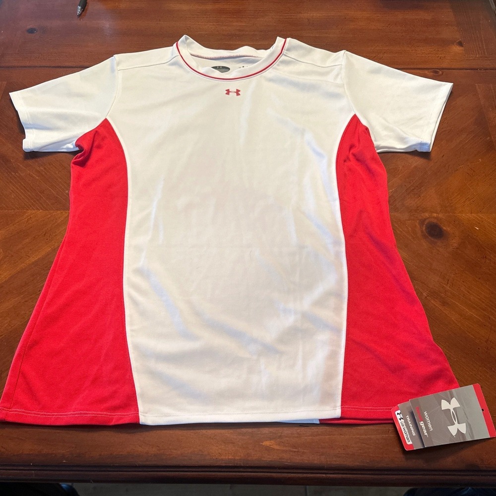 Under Armour HeatGear Shirt Women Large White Red New Training Short Sleeve